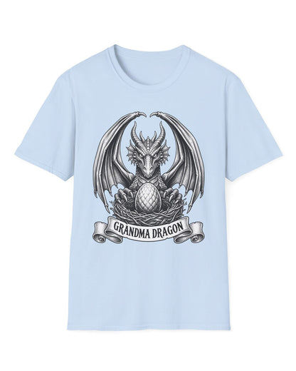Grandma Dragon shirt in light blue featuring detailed vintage sketch art of a dragon guarding an egg in its nest