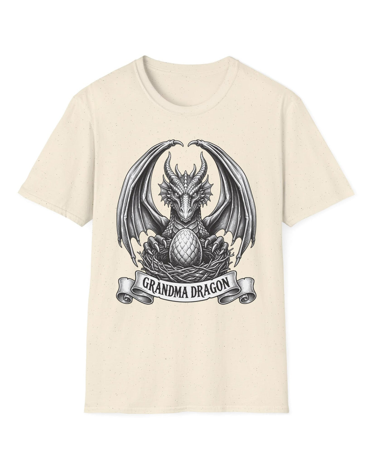 Grandma Dragon shirt in natural featuring detailed vintage sketch art of a dragon guarding an egg in its nest
