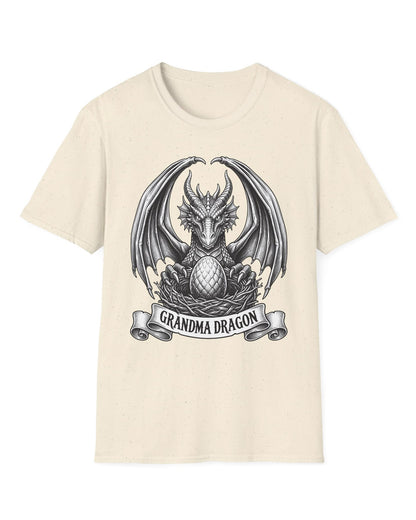 Grandma Dragon shirt in natural featuring detailed vintage sketch art of a dragon guarding an egg in its nest