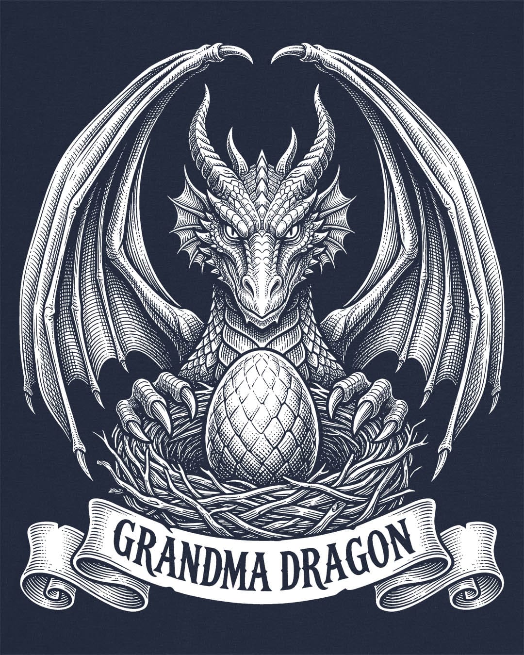Grandma Dragon shirt in navy featuring detailed vintage sketch art of a dragon guarding an egg in its nest