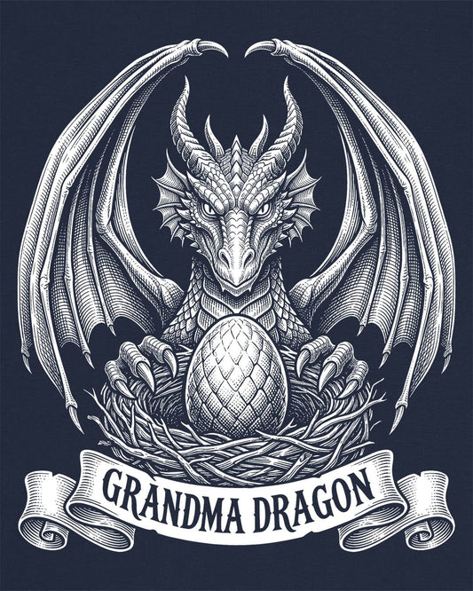 Grandma Dragon shirt in navy featuring detailed vintage sketch art of a dragon guarding an egg in its nest