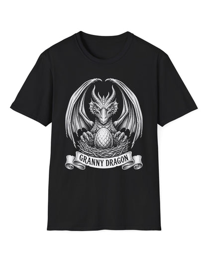 Granny Dragon shirt in black featuring detailed vintage sketch art of a dragon guarding an egg in its nest