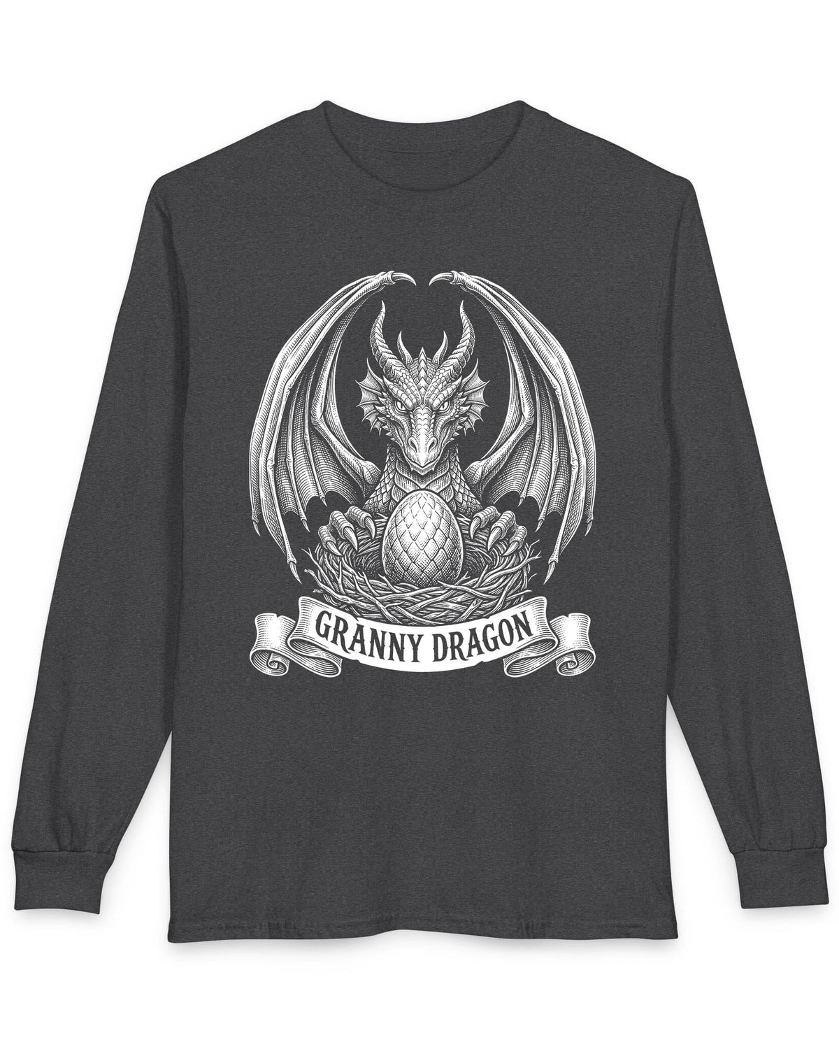 Granny Dragon shirt in dark heather featuring detailed vintage sketch art of a dragon guarding an egg in its nest