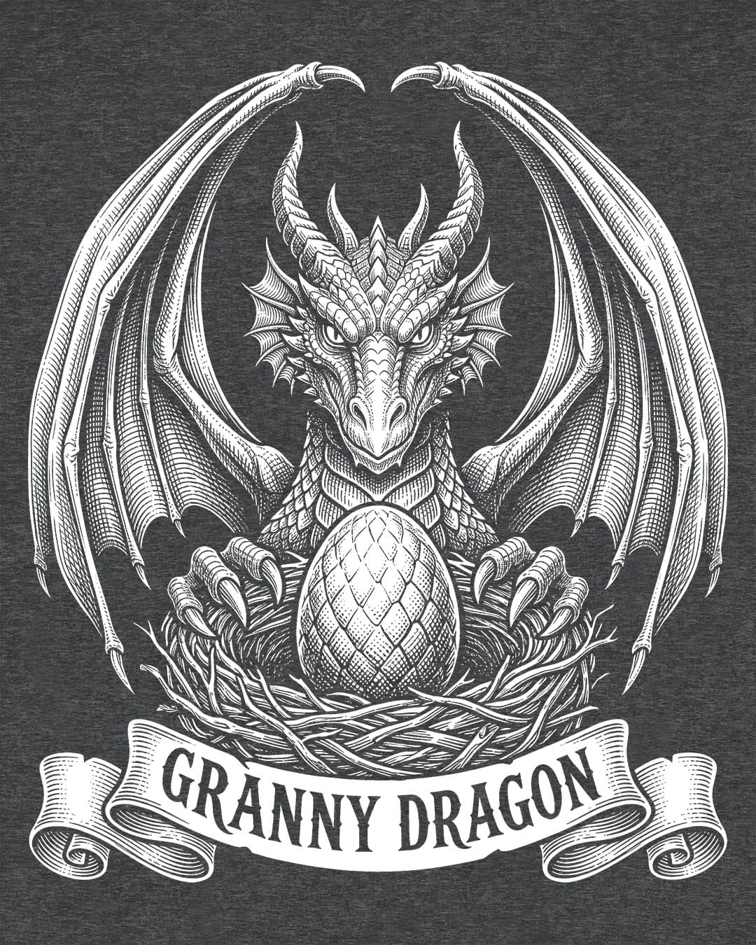 Granny Dragon shirt in dark heather featuring detailed vintage sketch art of a dragon guarding an egg in its nest