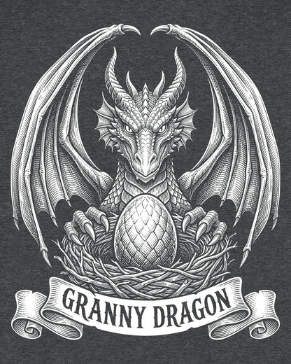 Granny Dragon shirt in dark heather featuring detailed vintage sketch art of a dragon guarding an egg in its nest