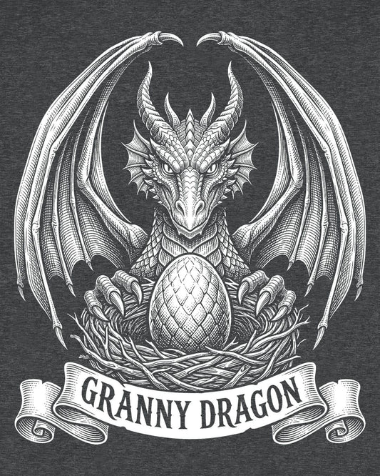Granny Dragon shirt in dark heather featuring detailed vintage sketch art of a dragon guarding an egg in its nest
