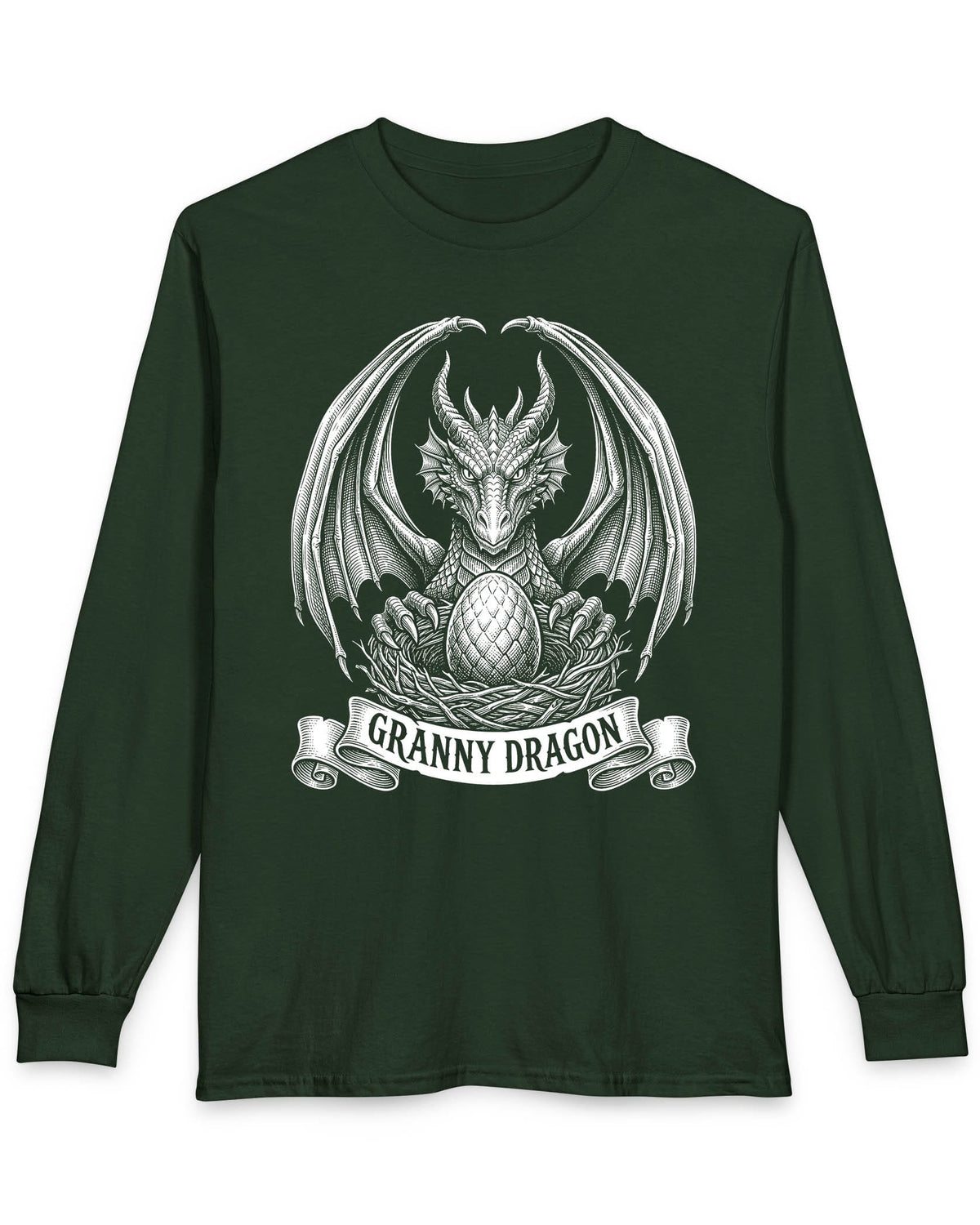 Granny Dragon shirt in forest green featuring detailed vintage sketch art of a dragon guarding an egg in its nest