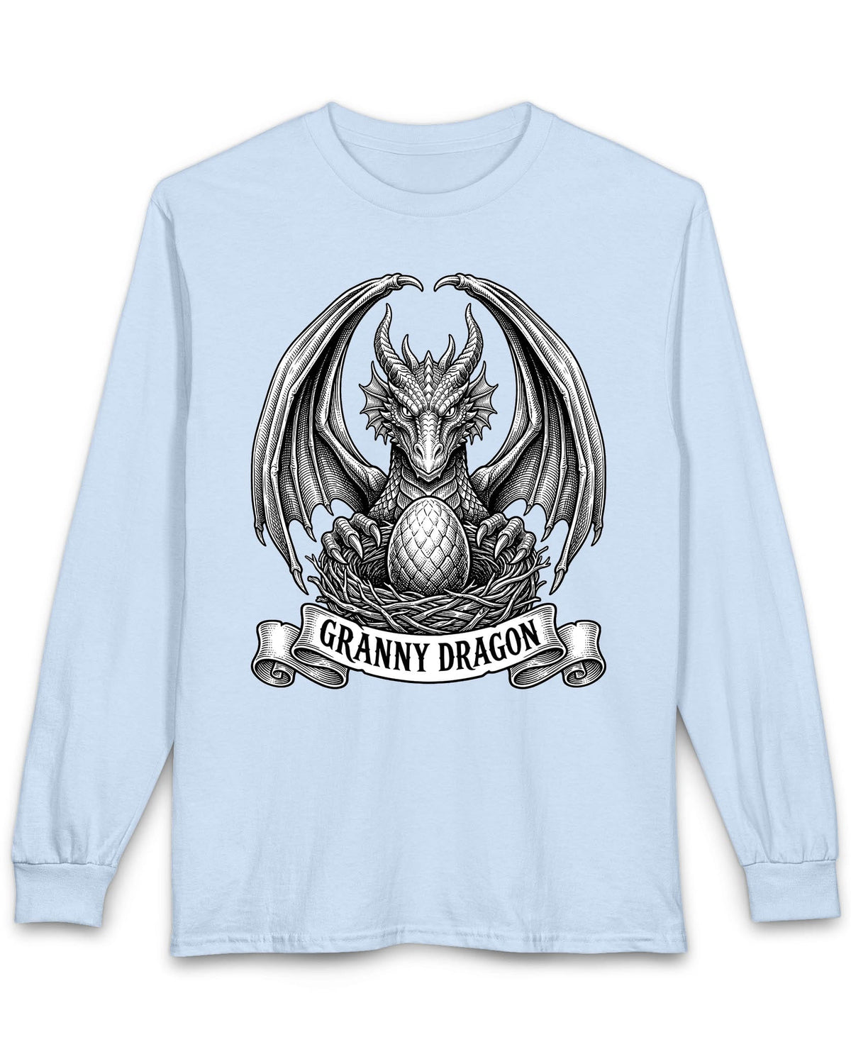Granny Dragon shirt in light blue featuring detailed vintage sketch art of a dragon guarding an egg in its nest