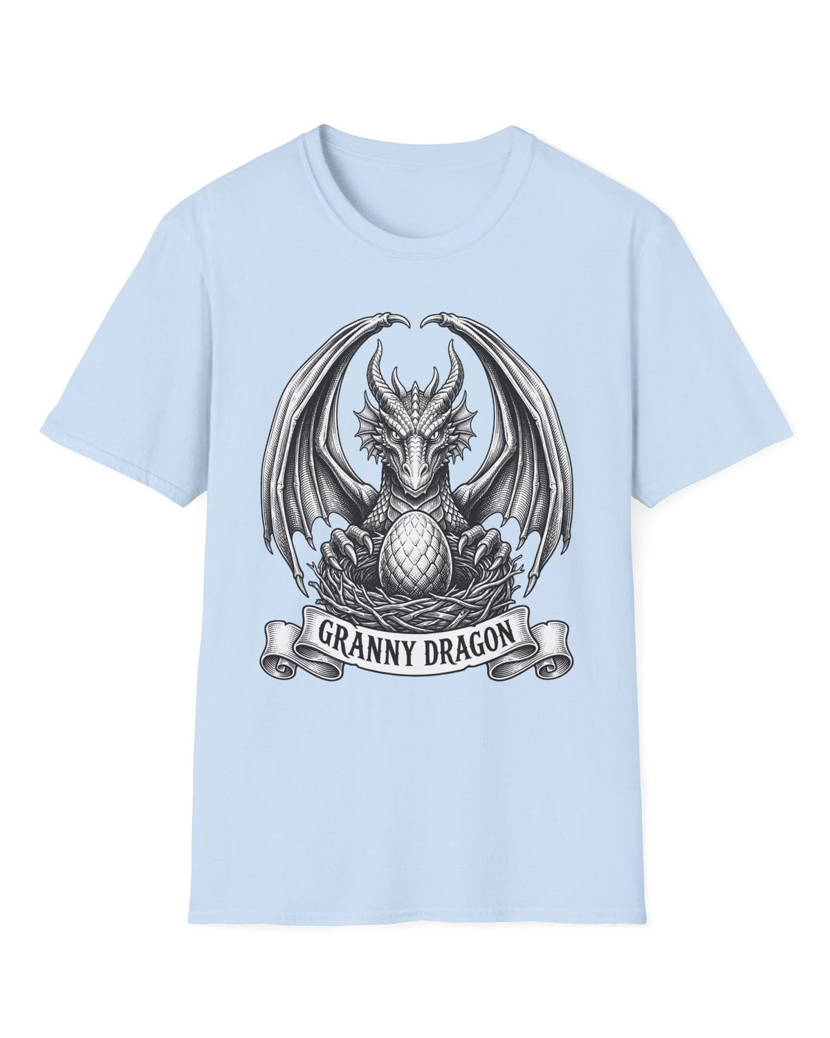 Granny Dragon shirt in light blue featuring detailed vintage sketch art of a dragon guarding an egg in its nest