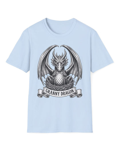 Granny Dragon shirt in light blue featuring detailed vintage sketch art of a dragon guarding an egg in its nest
