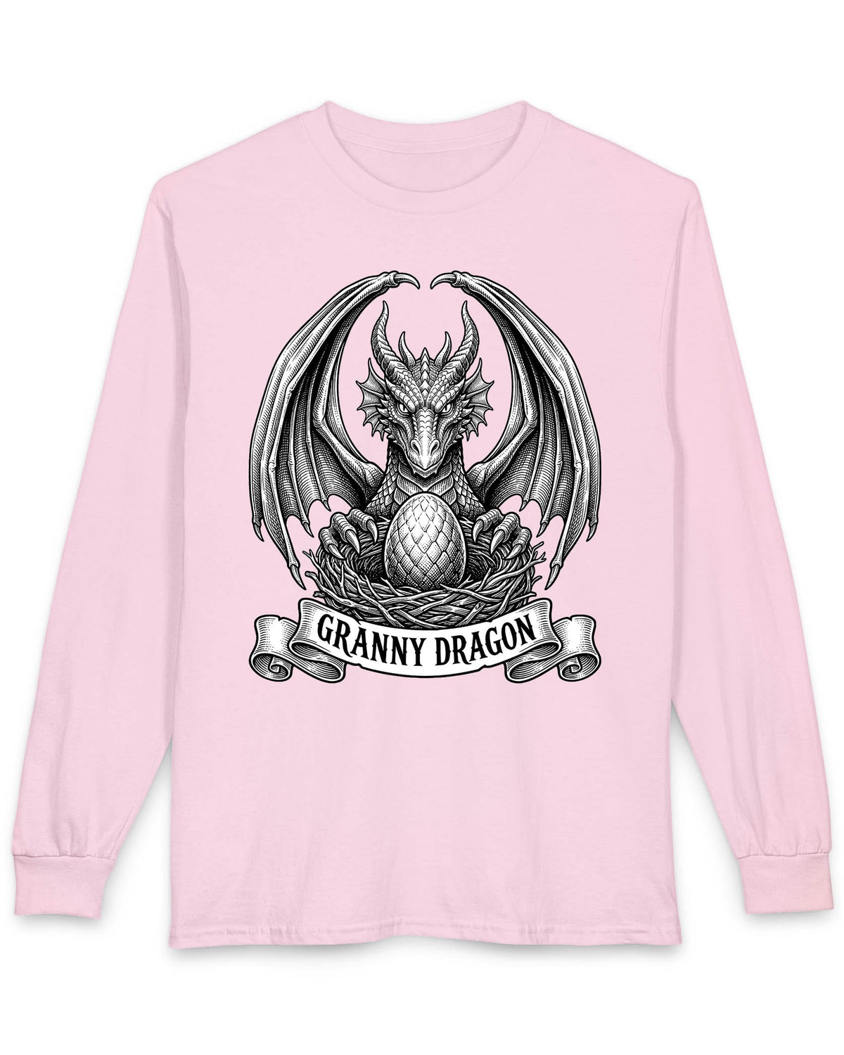 Granny Dragon shirt in light pink featuring detailed vintage sketch art of a dragon guarding an egg in its nest