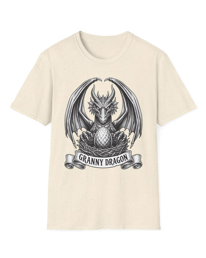 Granny Dragon shirt in natural featuring detailed vintage sketch art of a dragon guarding an egg in its nest
