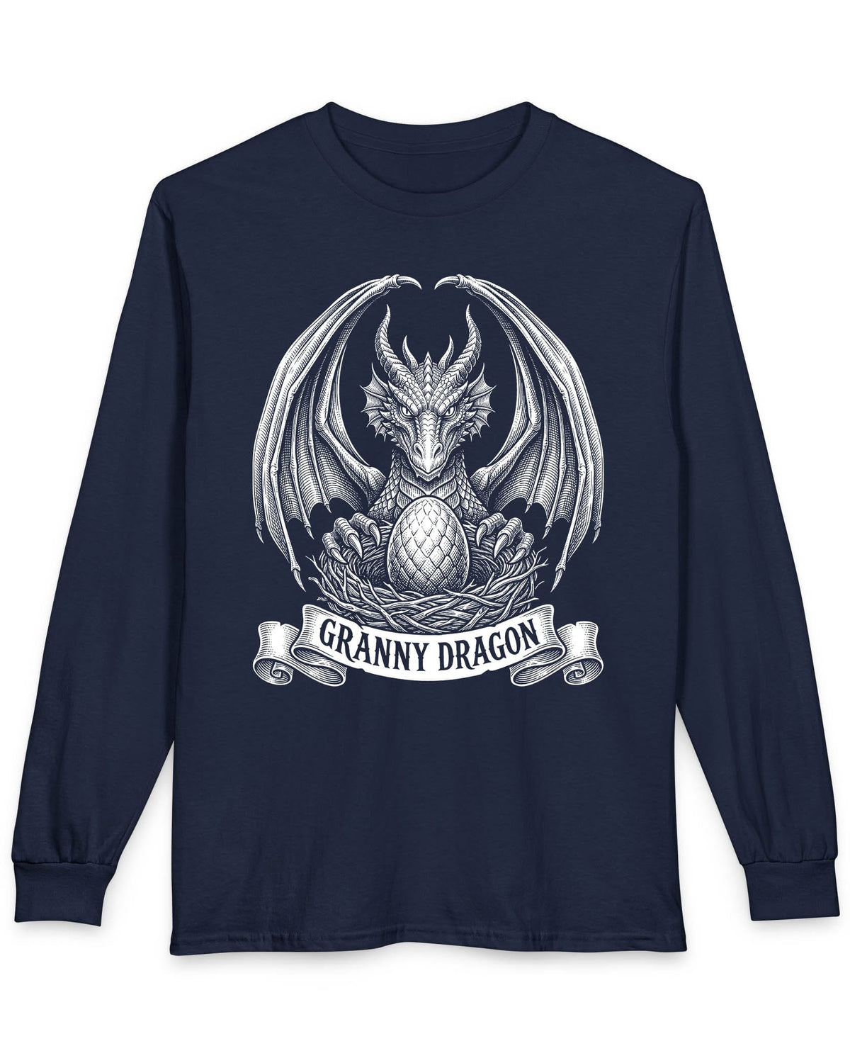 Granny Dragon shirt in navy featuring detailed vintage sketch art of a dragon guarding an egg in its nest