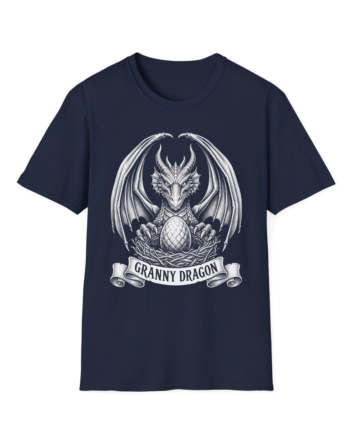 Granny Dragon shirt in navy featuring detailed vintage sketch art of a dragon guarding an egg in its nest