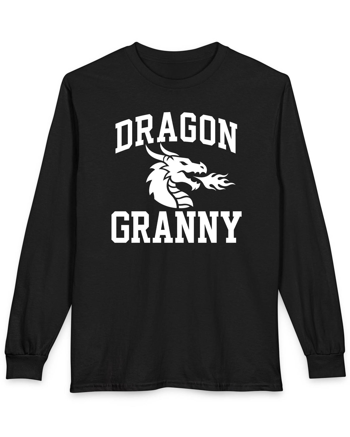 Dragon Granny shirt in black with bold collegiate lettering and a minimalist dragon breathing fire emblem