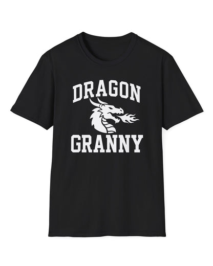 Dragon Granny shirt in black with bold collegiate lettering and a minimalist dragon breathing fire emblem