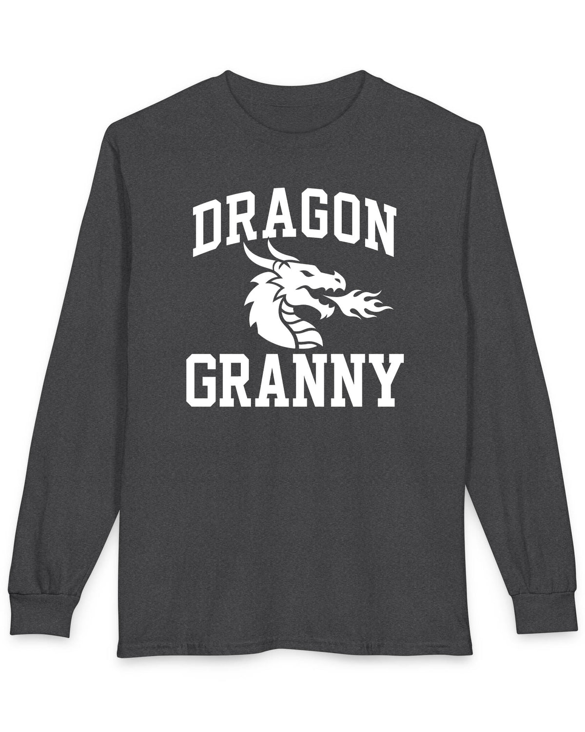 Dragon Granny shirt in dark heather with bold collegiate lettering and a minimalist dragon breathing fire emblem
