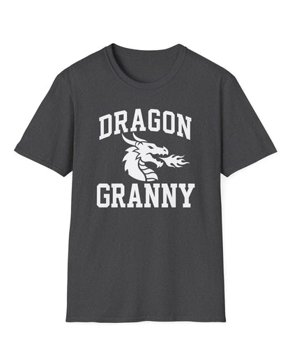 Dragon Granny shirt in dark heather with bold collegiate lettering and a minimalist dragon breathing fire emblem
