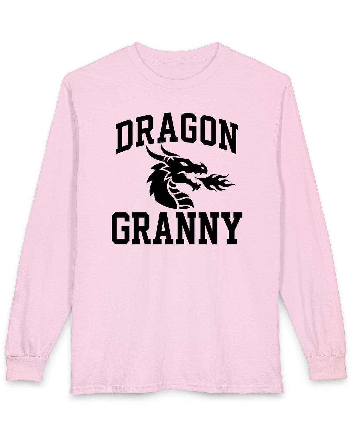 Dragon Granny shirt in light pink with bold collegiate lettering and a minimalist dragon breathing fire emblem