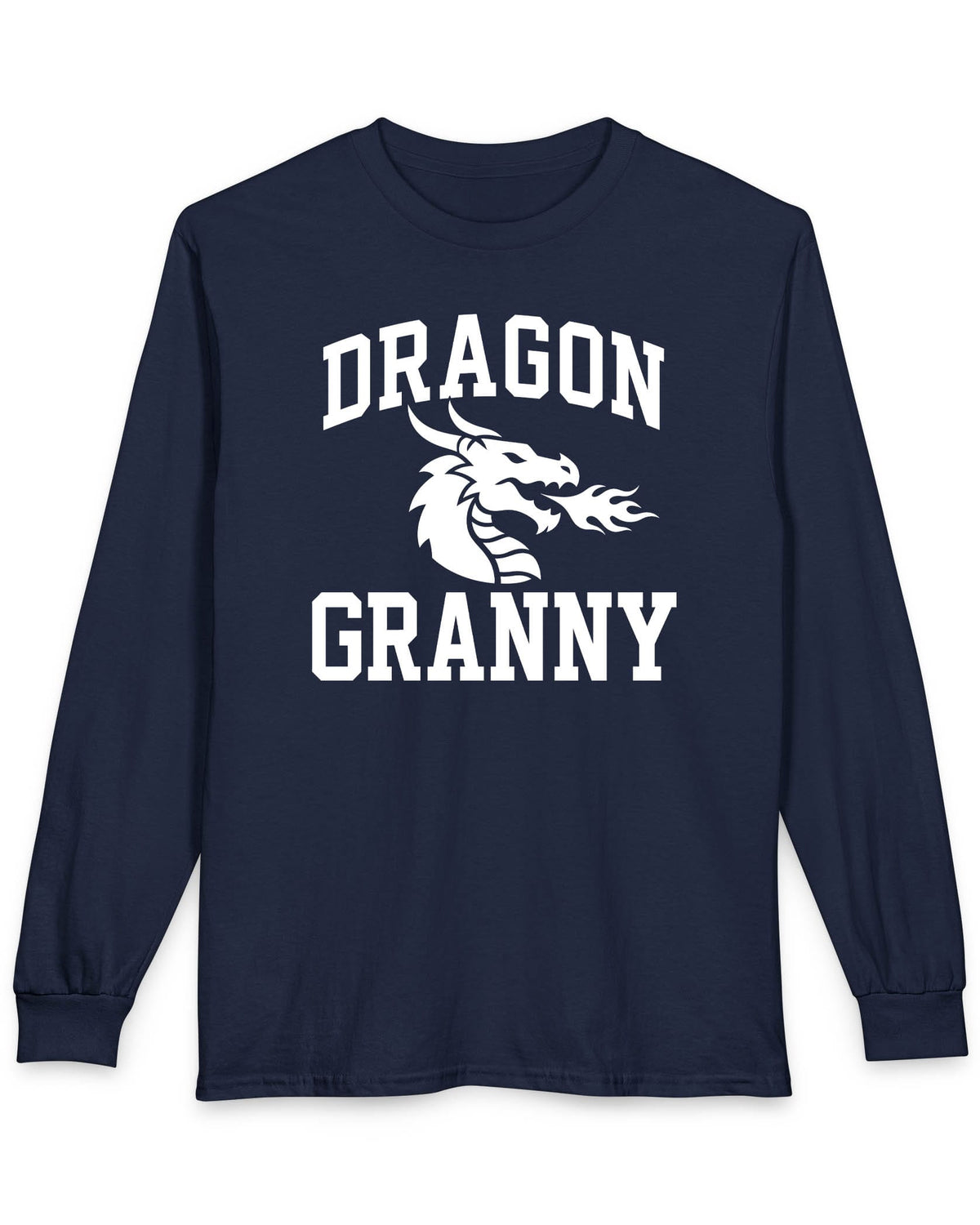 Dragon Granny shirt in navy with bold collegiate lettering and a minimalist dragon breathing fire emblem