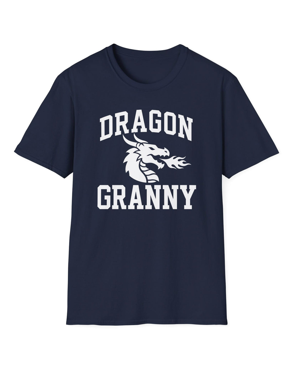 Dragon Granny shirt in navy with bold collegiate lettering and a minimalist dragon breathing fire emblem
