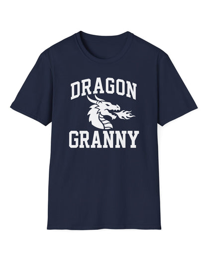 Dragon Granny shirt in navy with bold collegiate lettering and a minimalist dragon breathing fire emblem