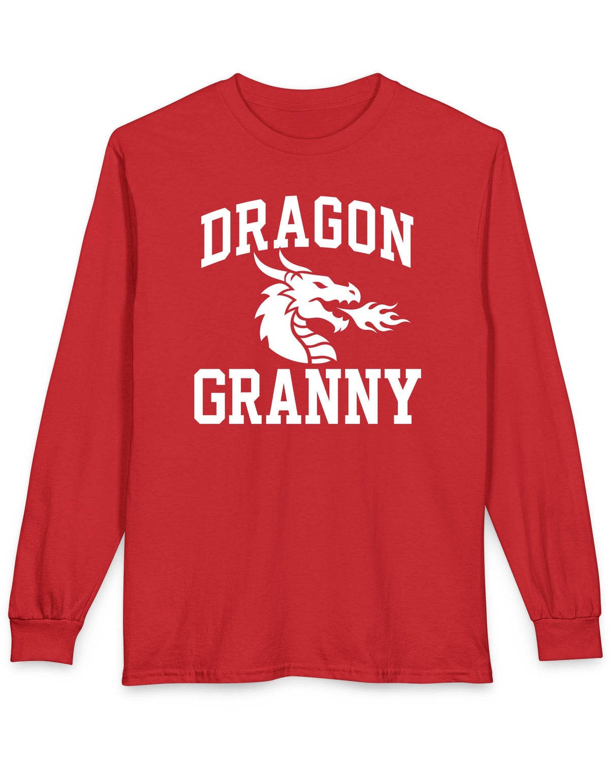 Dragon Granny shirt in red with bold collegiate lettering and a minimalist dragon breathing fire emblem