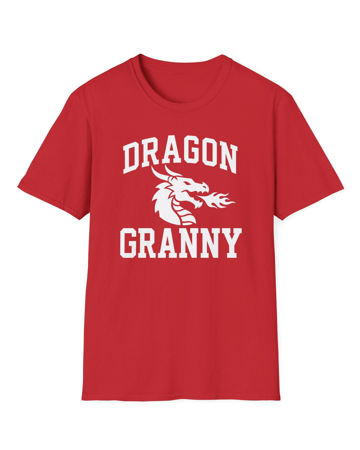 Dragon Granny shirt in red with bold collegiate lettering and a minimalist dragon breathing fire emblem