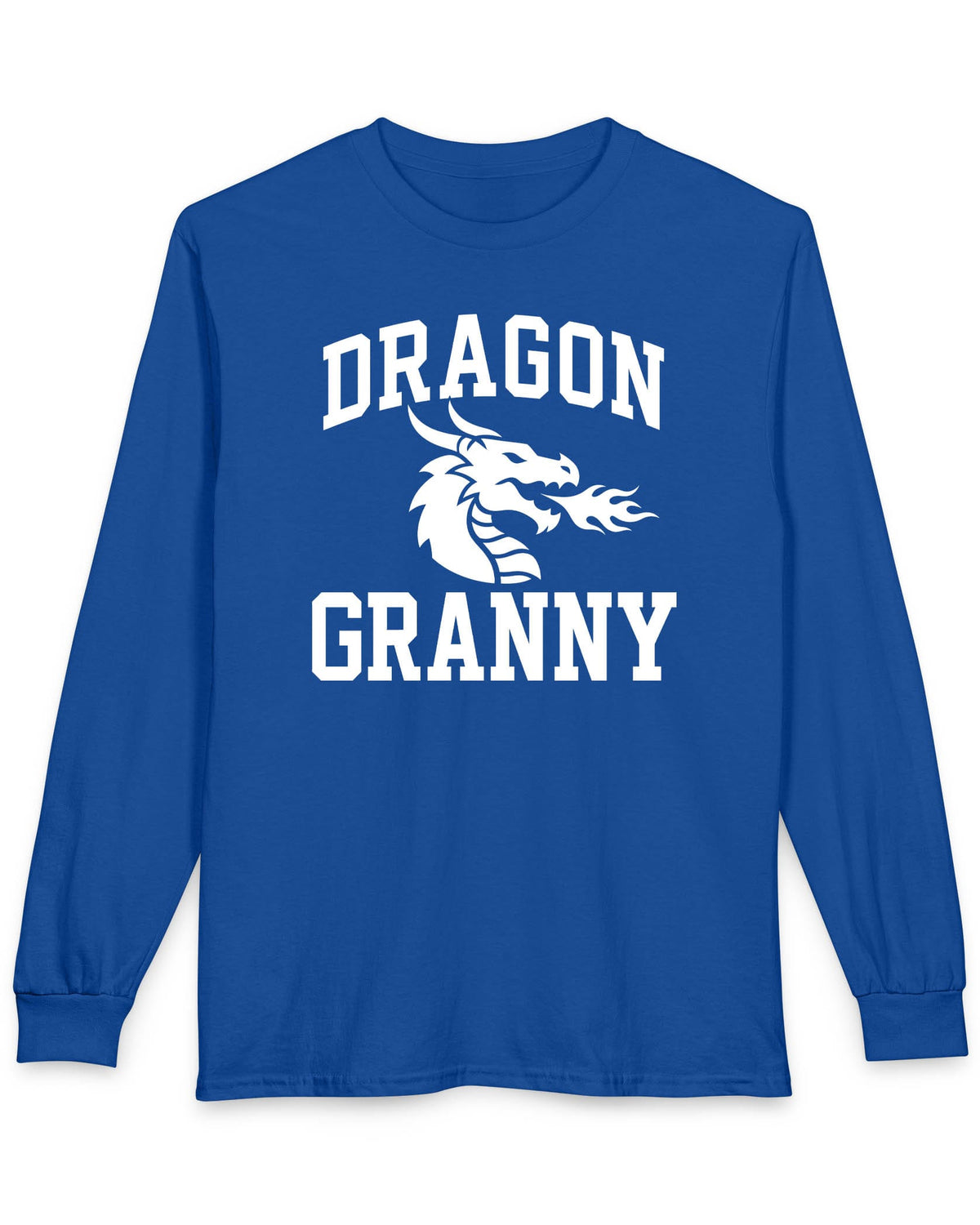 Dragon Granny shirt in royal blue with bold collegiate lettering and a minimalist dragon breathing fire emblem