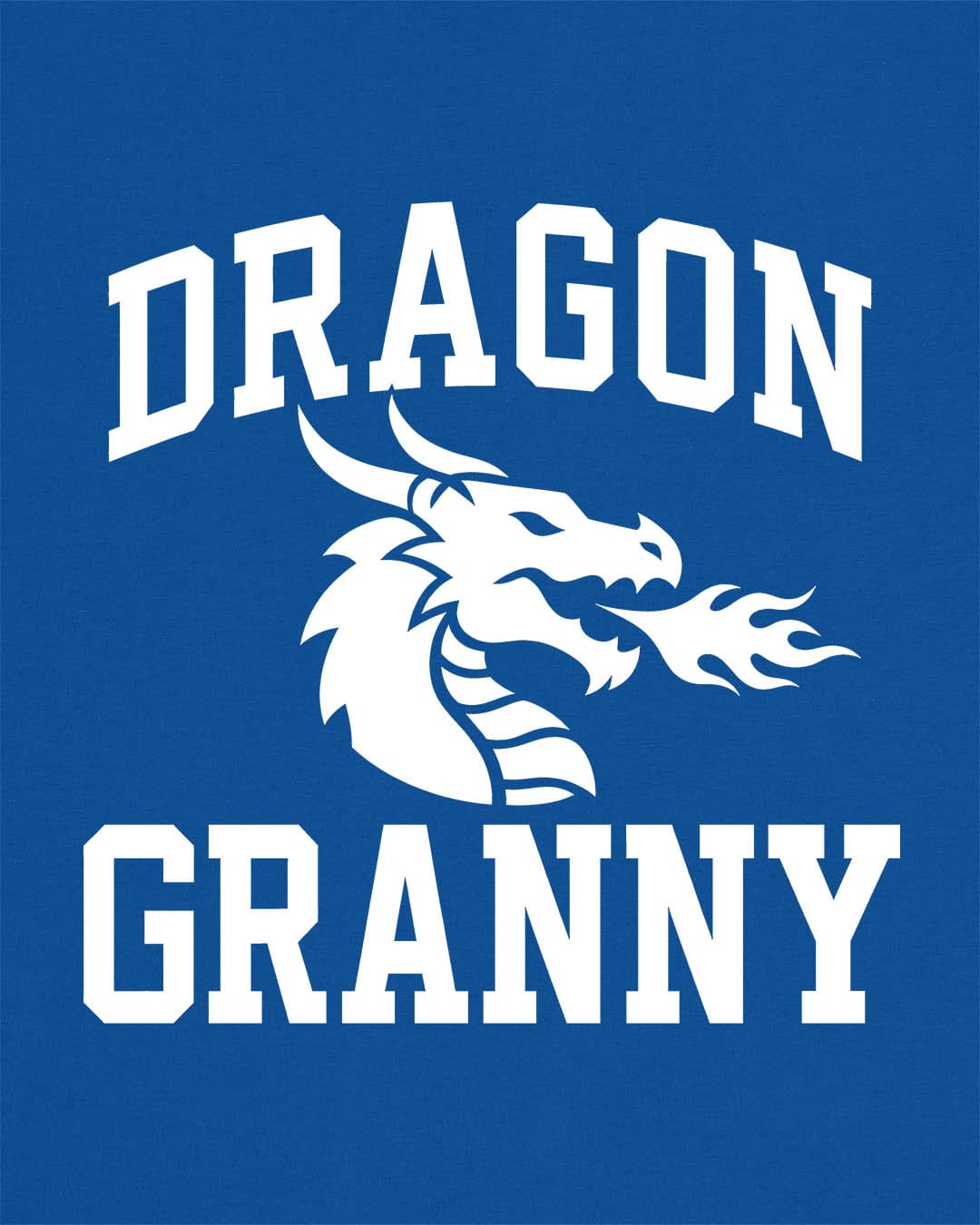 Dragon Granny shirt in royal blue with bold collegiate lettering and a minimalist dragon breathing fire emblem