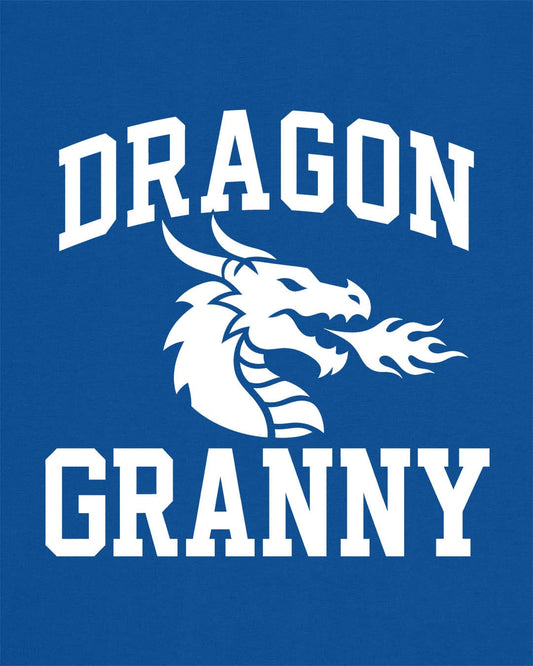 Dragon Granny shirt in royal blue with bold collegiate lettering and a minimalist dragon breathing fire emblem