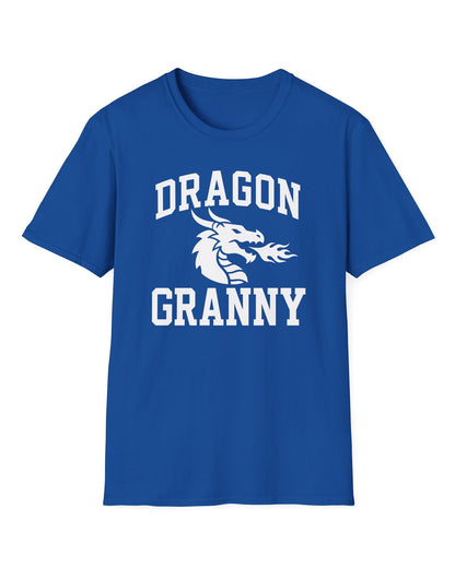 Dragon Granny shirt in royal blue with bold collegiate lettering and a minimalist dragon breathing fire emblem
