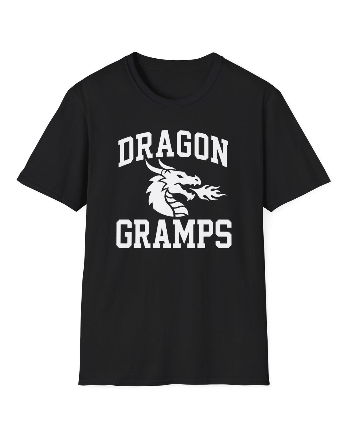 Dragon Gramps shirt in black with bold collegiate lettering and a minimalist dragon breathing fire emblem