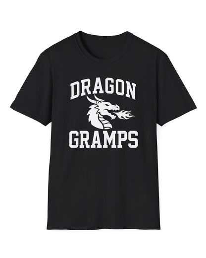 Dragon Gramps shirt in black with bold collegiate lettering and a minimalist dragon breathing fire emblem