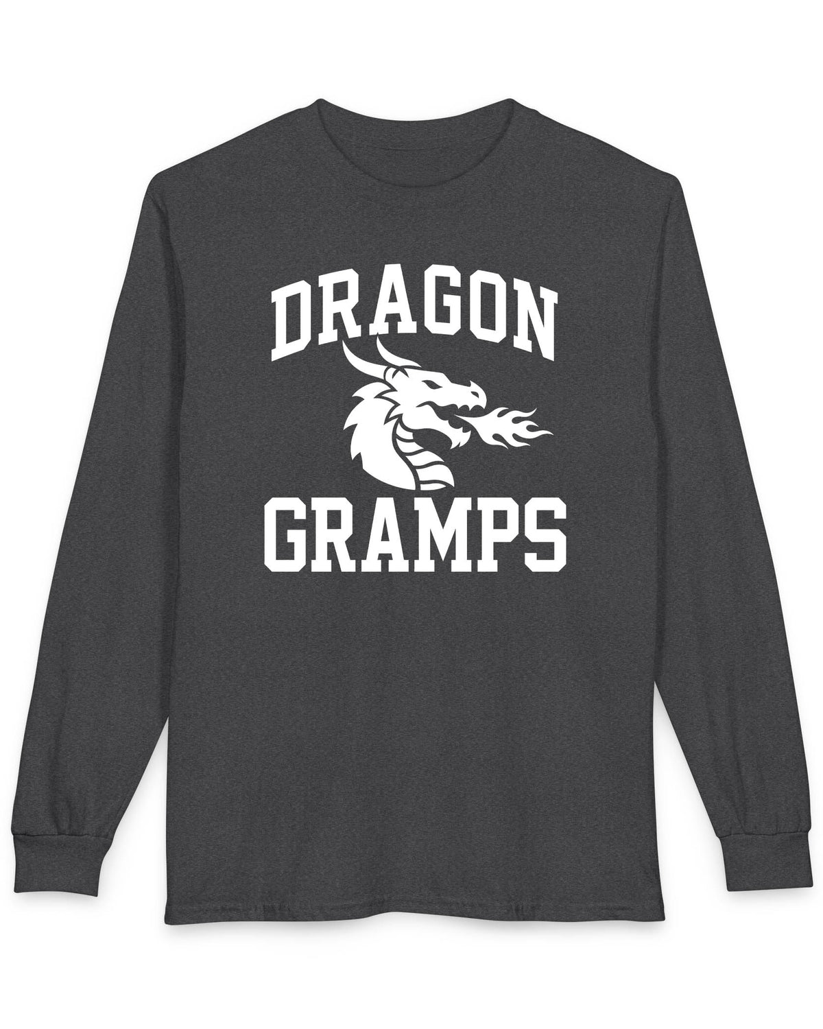 Dragon Gramps shirt in dark heather with bold collegiate lettering and a minimalist dragon breathing fire emblem