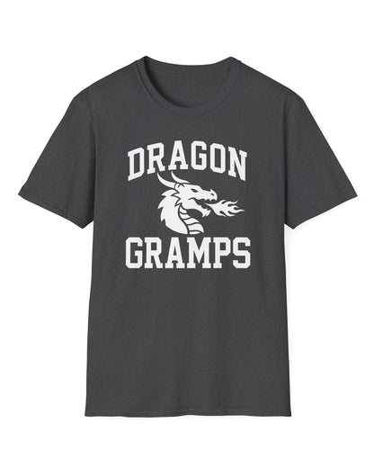 Dragon Gramps shirt in dark heather with bold collegiate lettering and a minimalist dragon breathing fire emblem