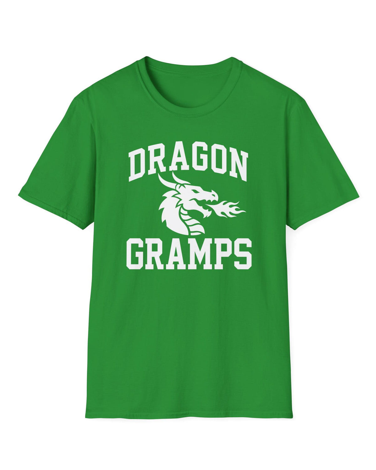 Dragon Gramps shirt in Irish green with bold collegiate lettering and a minimalist dragon breathing fire emblem