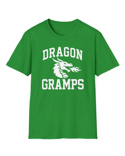 Dragon Gramps shirt in Irish green with bold collegiate lettering and a minimalist dragon breathing fire emblem