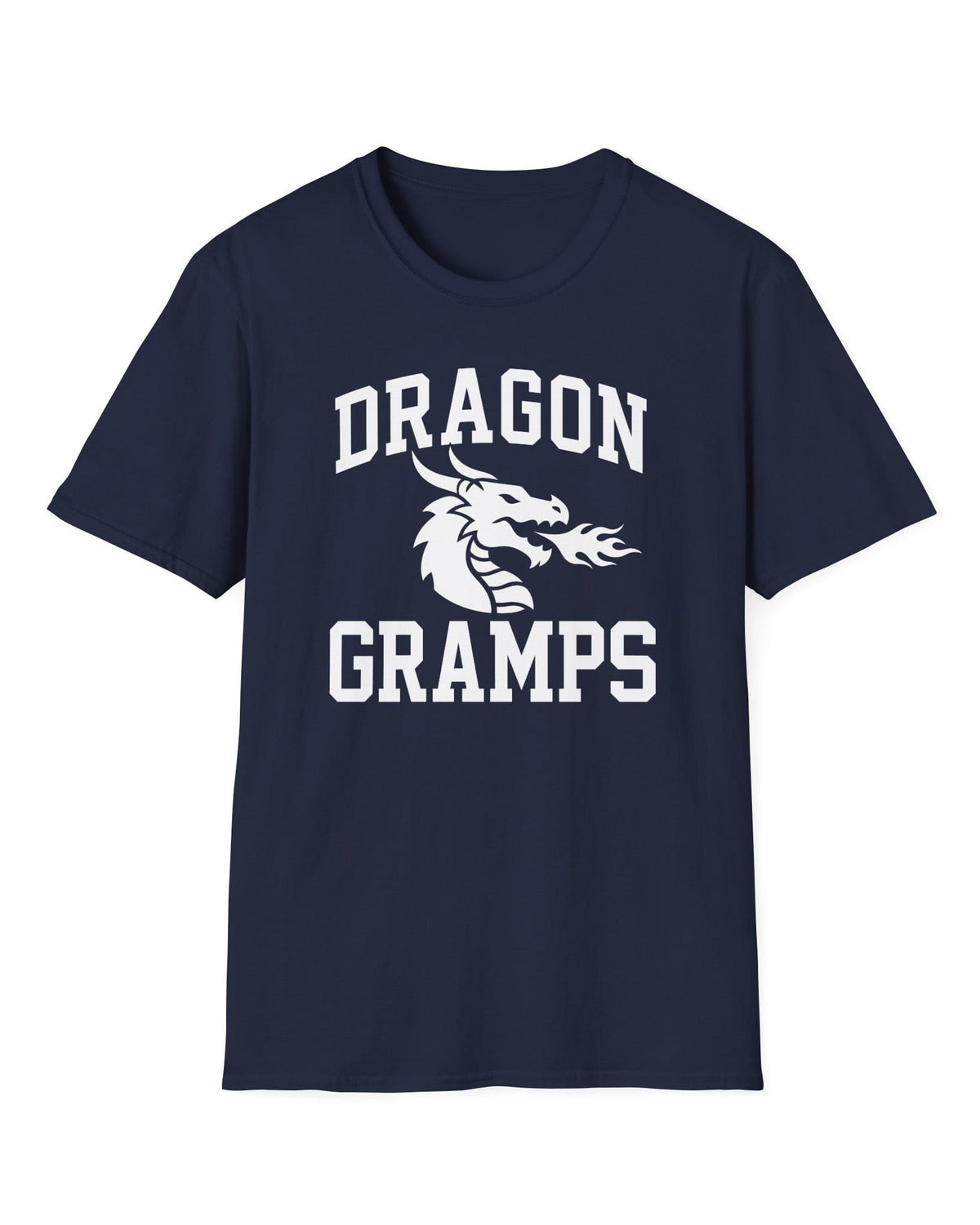 Dragon Gramps shirt in navy with bold collegiate lettering and a minimalist dragon breathing fire emblem