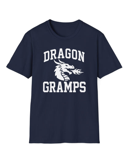Dragon Gramps shirt in navy with bold collegiate lettering and a minimalist dragon breathing fire emblem
