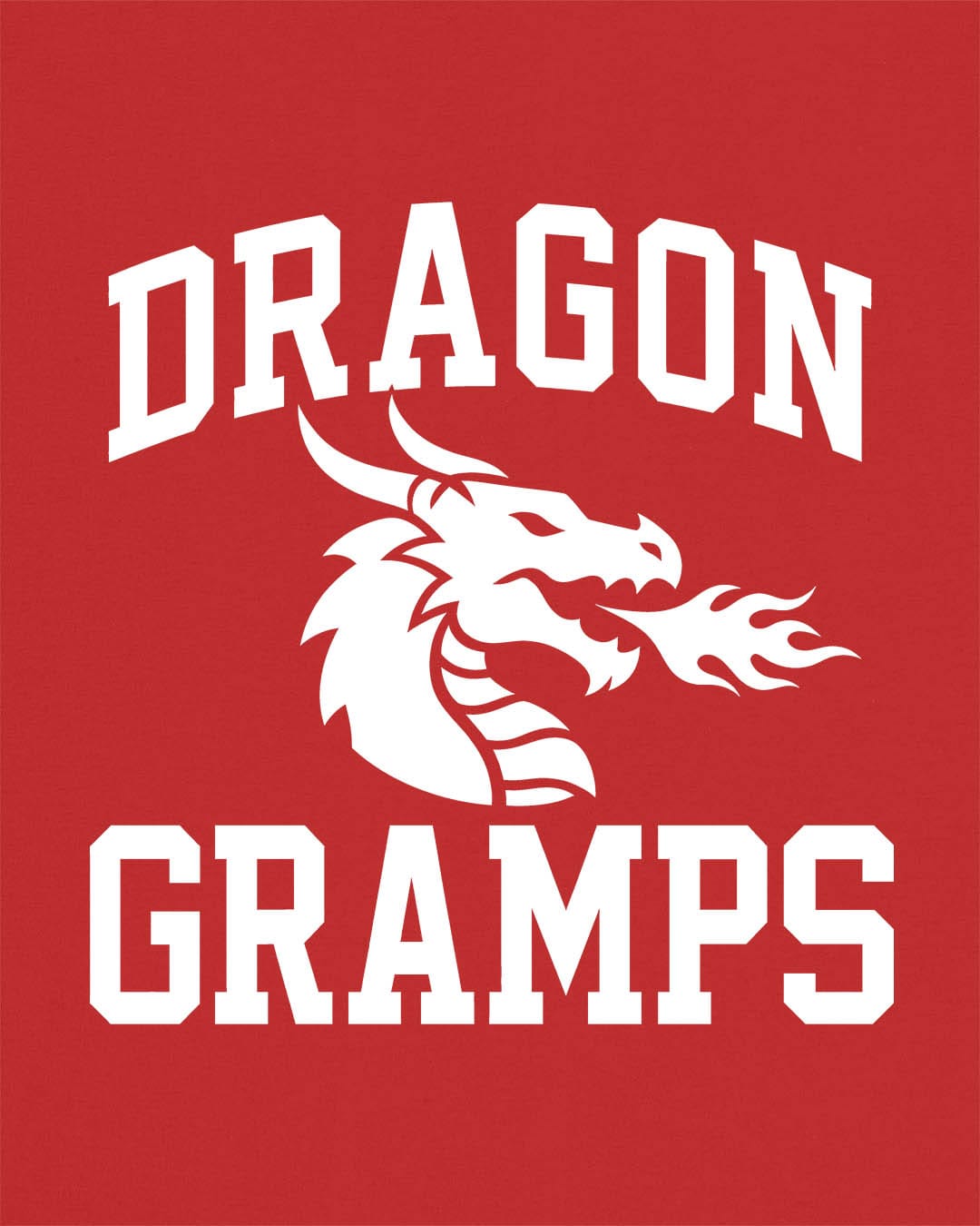 Dragon Gramps shirt in red with bold collegiate lettering and a minimalist dragon breathing fire emblem