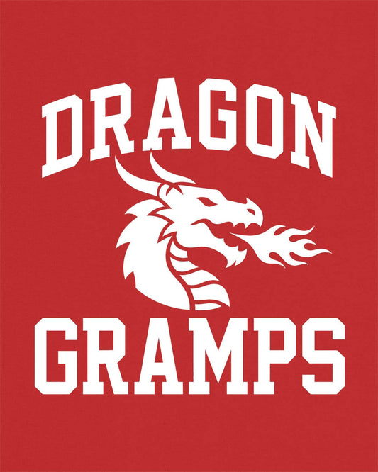 Dragon Gramps shirt in red with bold collegiate lettering and a minimalist dragon breathing fire emblem