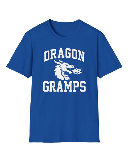 Dragon Gramps shirt in royal blue with bold collegiate lettering and a minimalist dragon breathing fire emblem