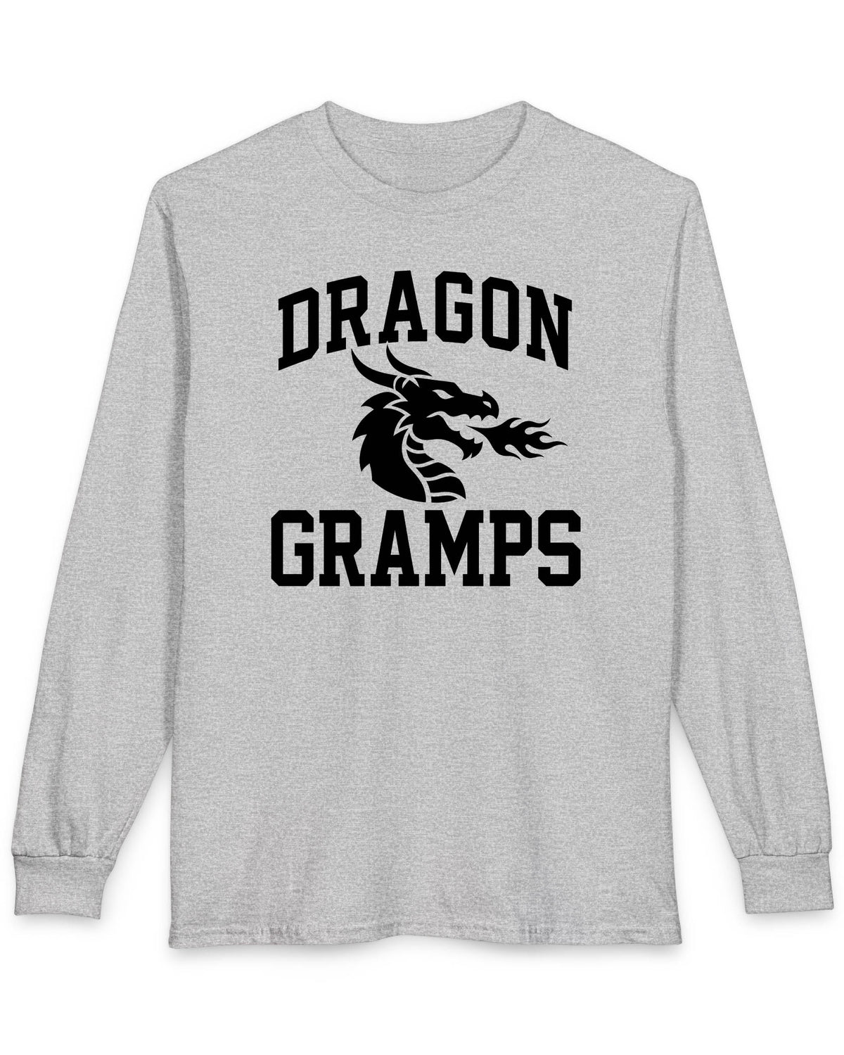 Dragon Gramps shirt in sport grey with bold collegiate lettering and a minimalist dragon breathing fire emblem