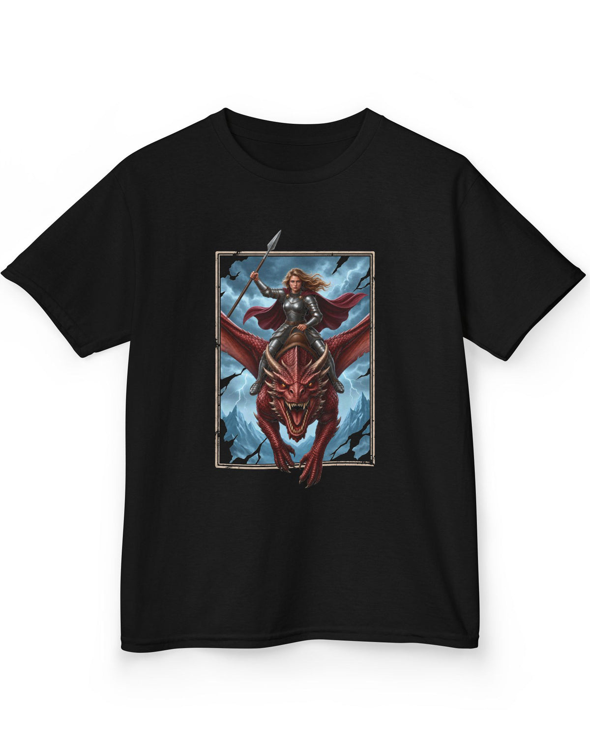 Stormrider shirt in black featuring an armored woman with a spear riding a red dragon against a stormy mountain sky