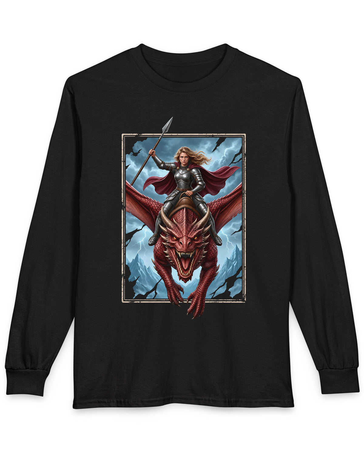 Stormrider shirt in black featuring an armored woman with a spear riding a red dragon against a stormy mountain sky
