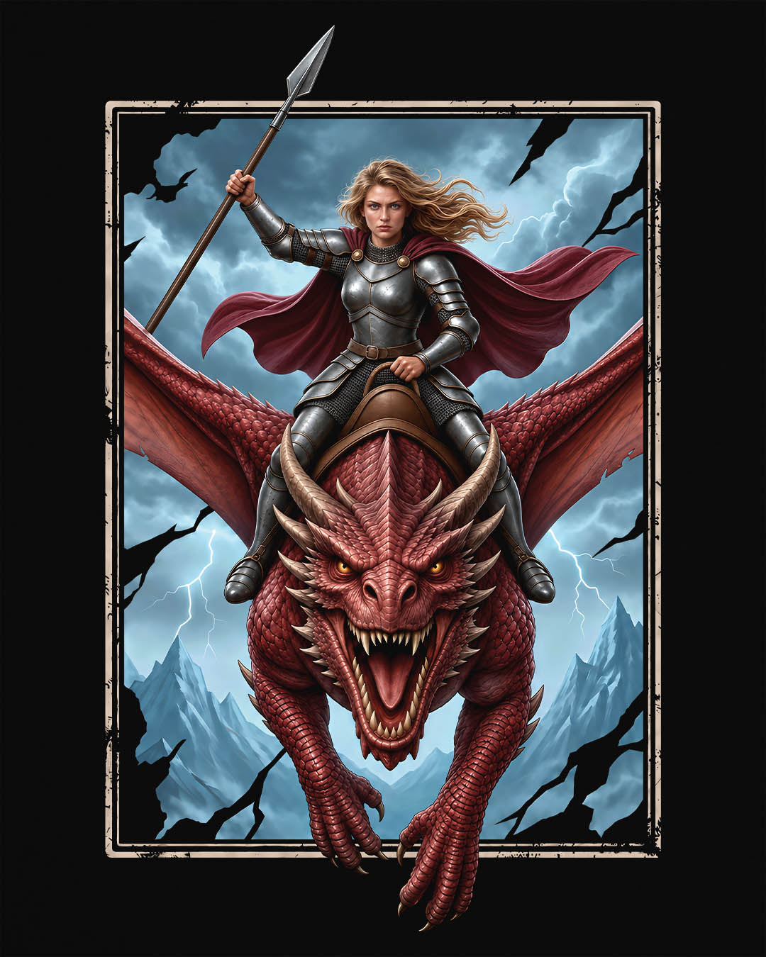 Stormrider shirt in black featuring an armored woman with a spear riding a red dragon against a stormy mountain sky