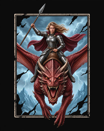 Stormrider shirt in black featuring an armored woman with a spear riding a red dragon against a stormy mountain sky