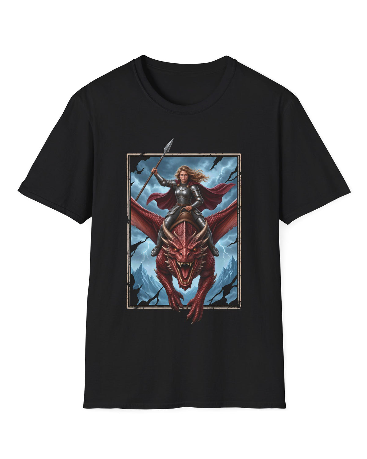 Stormrider shirt in black featuring an armored woman with a spear riding a red dragon against a stormy mountain sky