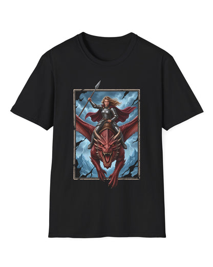 Stormrider shirt in black featuring an armored woman with a spear riding a red dragon against a stormy mountain sky